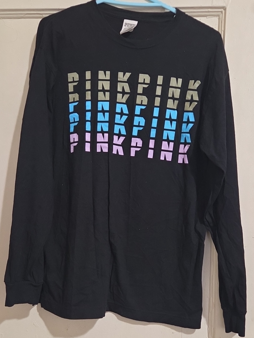 PINK Victoria's Secret Black Tee with Multicolor Gradient Logo